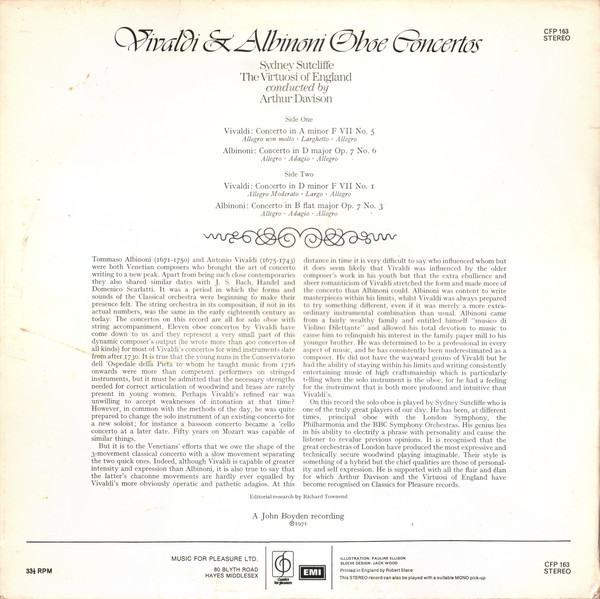 Vivaldi* / Albinoni* - Sydney Sutcliffe*, The Virtuosi Of England Conducted By Arthur Davison - Oboe Concertos (LP, RP) 3378