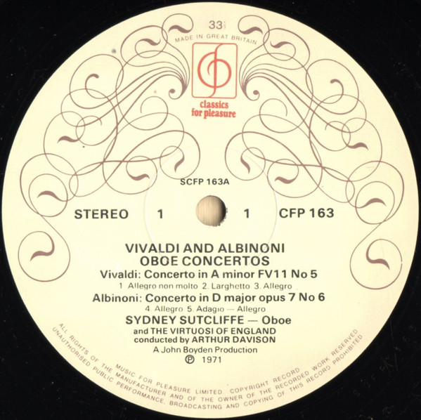 Vivaldi* / Albinoni* - Sydney Sutcliffe*, The Virtuosi Of England Conducted By Arthur Davison - Oboe Concertos (LP, RP) 3379