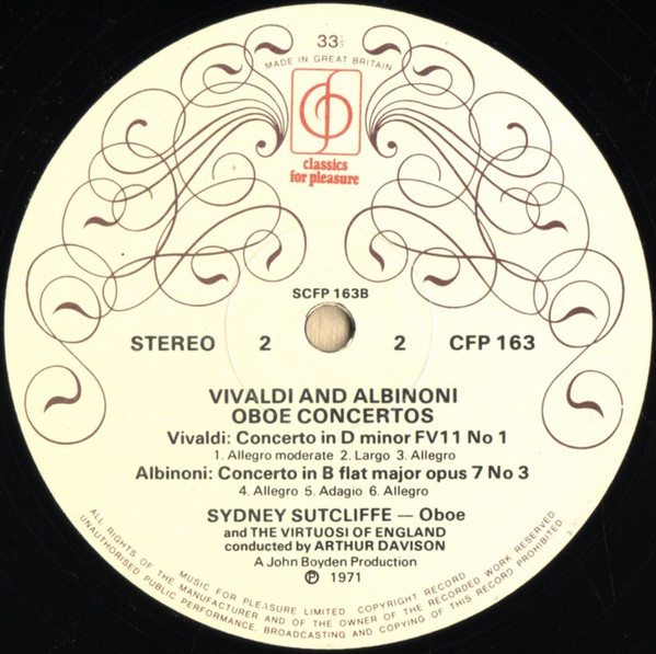 Vivaldi* / Albinoni* - Sydney Sutcliffe*, The Virtuosi Of England Conducted By Arthur Davison - Oboe Concertos (LP, RP) 3380