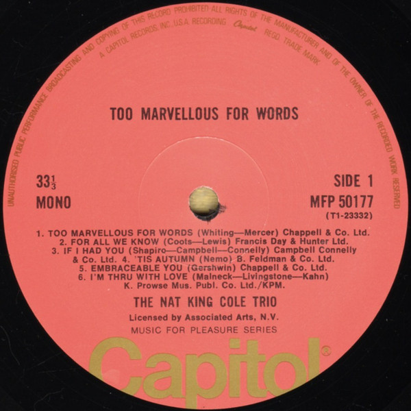 The Nat King Cole Trio - Too Marvellous For Words (LP, Comp, Mono) 1110