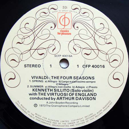 Vivaldi*, Kenneth Sillito, The Virtuosi Of England ¬¨‚àë Arthur Davison - The Four Seasons (LP, RE) 3325