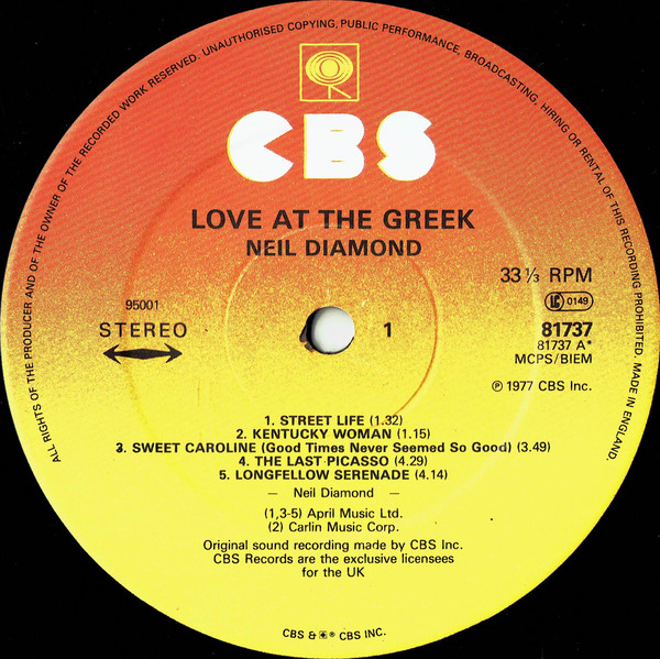 Neil Diamond - Love At The Greek (Recorded Live At The Greek Theatre, Los Angeles) (2xLP, Album, CBS) 513