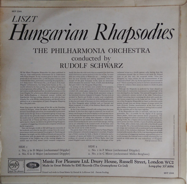 The Philharmonia Orchestra* Conducted By Rudolf Schwarz - Liszt* - Hungarian Rhapsodies (LP, Album) 1119
