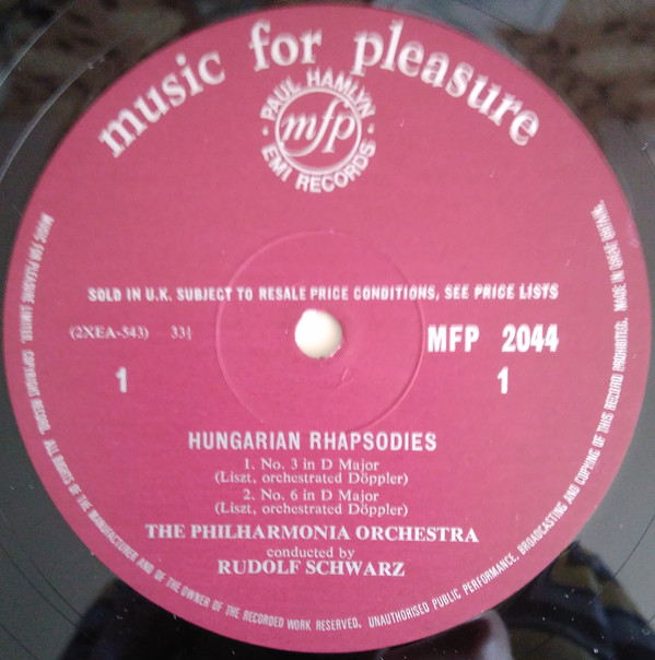 The Philharmonia Orchestra* Conducted By Rudolf Schwarz - Liszt* - Hungarian Rhapsodies (LP, Album) 1120