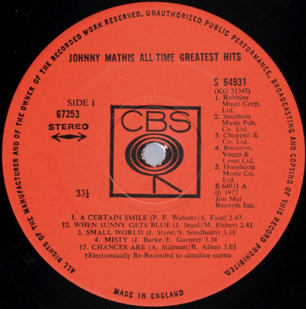 Johnny Mathis - Johnny Mathis' All-Time Greatest Hits (2xLP, Comp) 1214