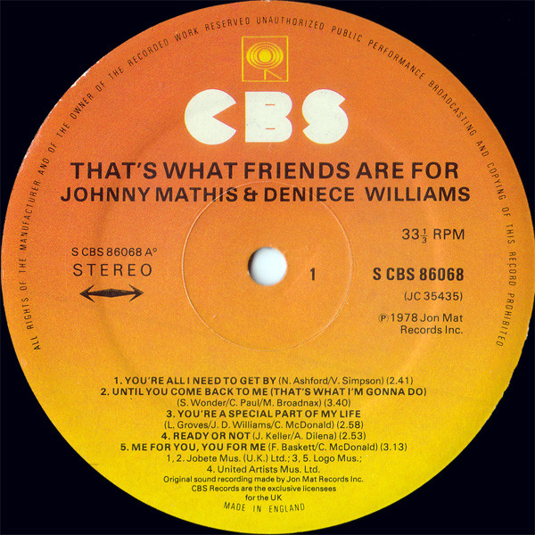Johnny Mathis and Deniece Williams - That's What Friends Are For (LP, Album) 545