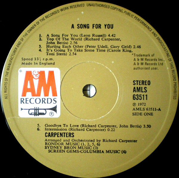 Carpenters - A Song For You (LP, Album) 897