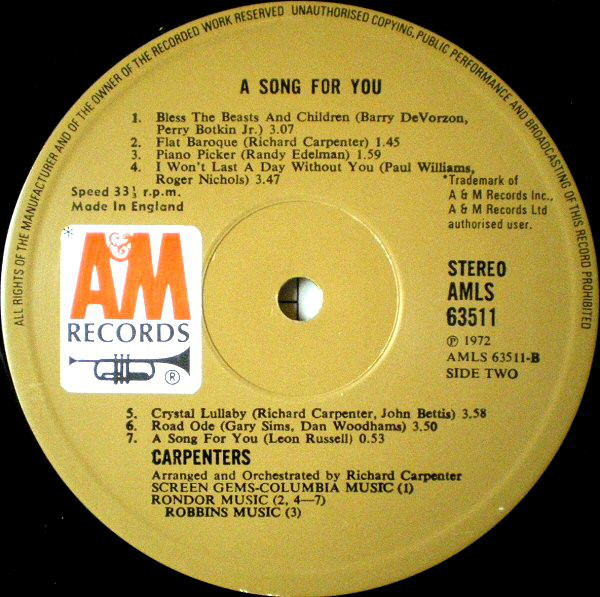 Carpenters - A Song For You (LP, Album) 898