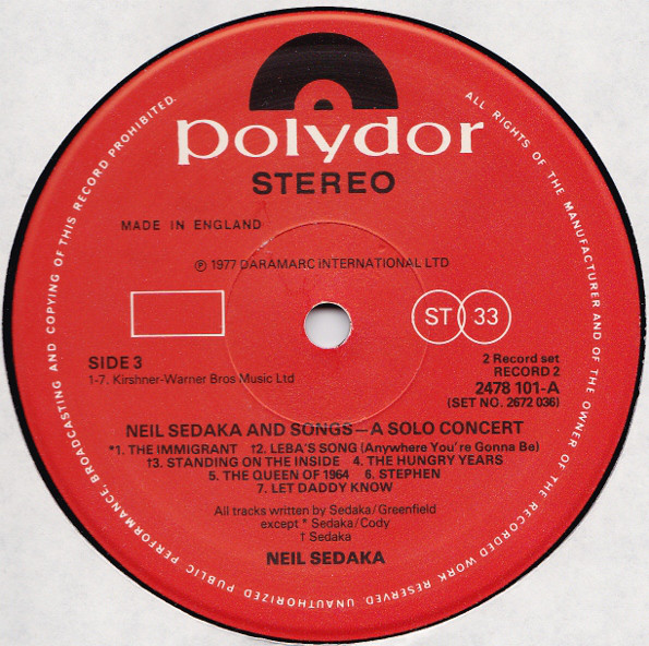 Neil Sedaka - Neil Sedaka And Songs - A Solo Concert (2xLP, Album, Gat) 519