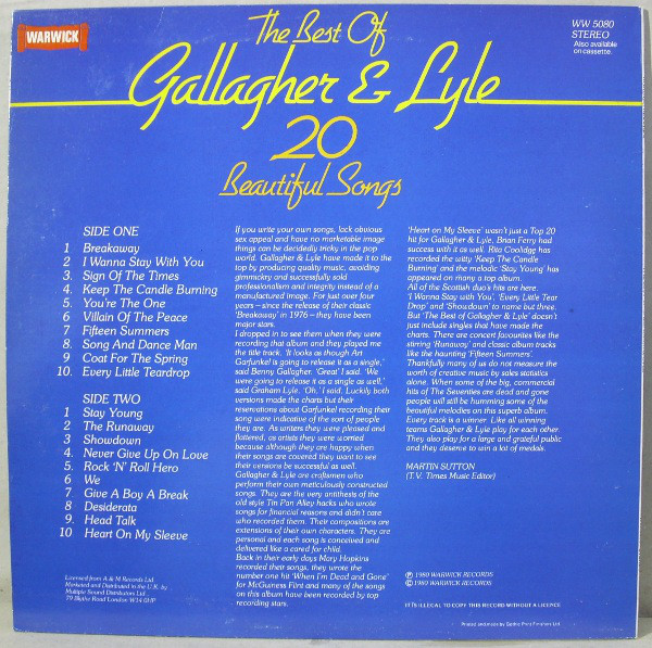 Gallagher and Lyle - The Best Of Gallagher and Lyle (20 Beautiful Songs) (LP, Comp) 3303