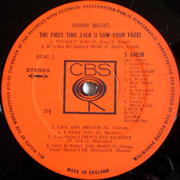 Johnny Mathis - The First Time Ever (I Saw Your Face) (LP, Album) 1085