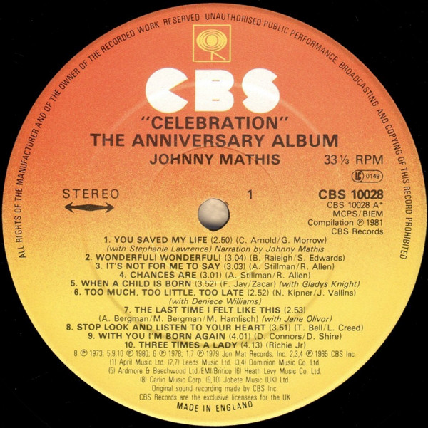 Johnny Mathis - Celebration - The Anniversary Album (LP, Comp) 539