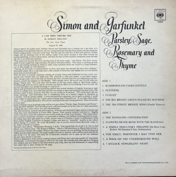 Simon and Garfunkel – Parsley, Sage, Rosemary And Thyme Vinyl LP Album (LP Record) Sleeve Rear Cover