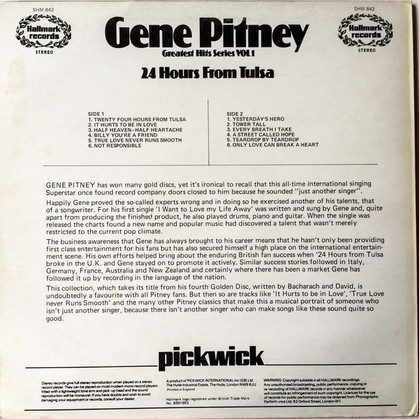 Gene Pitney - 24 Hours From Tulsa (Greatest Hits Series Vol.1) (LP, Comp, Blu) 7061