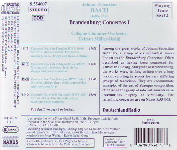 Johann Sebastian Bach - Cologne Chamber Orchestra*, Helmut M√ºller-Br√ºhl - Brandenburg Concertos I (CD) 14383