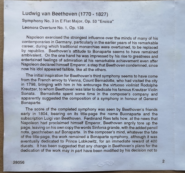 Ludwig van Beethoven - Beethoven - Symphony No. 3 ‚ÄùEroica‚Äù, Leonora Overture No. 1 (CD, Album) 13564
