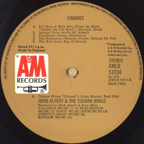 Herb Alpert and The Tijuana Brass - Cabaret (LP, Comp) (Good (G))13139