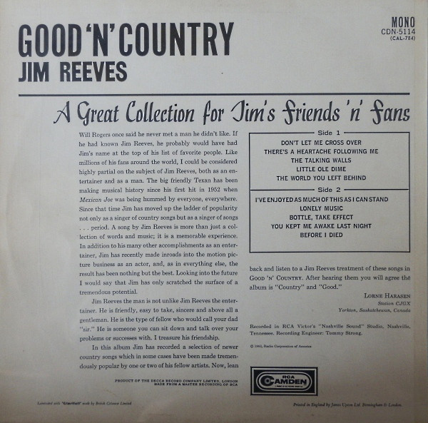 Jim Reeves - Good 'N' Country (LP, Album, Mono) 8904