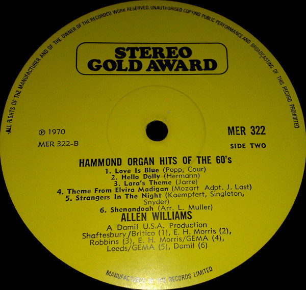 Allen Williams (6) - Hammond Organ Hits Of The 60's - Million Sellers Played By (LP, Album) 14332