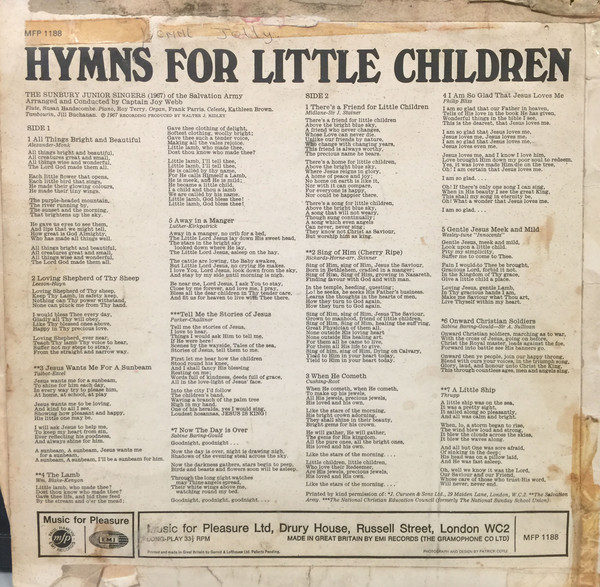 Captain Joy Webb* Conducts The Salvation Army Sunbury Junior Singers (1967)* - Hymns For Little Children (LP, Album, Mono) 13188