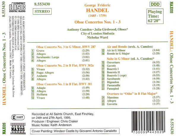 Handel*, Anthony Camden, Julia Girdwood, City Of London Sinfonia, Nicholas Ward - Oboe Concertos Nos. 1 - 3, Air And Rondo, Suite, Overture To "Otho" (CD) 14213