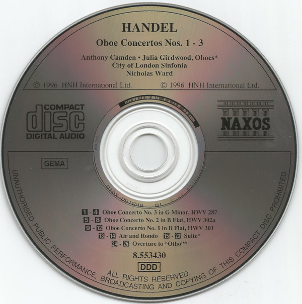 Handel*, Anthony Camden, Julia Girdwood, City Of London Sinfonia, Nicholas Ward - Oboe Concertos Nos. 1 - 3, Air And Rondo, Suite, Overture To "Otho" (CD) 14214