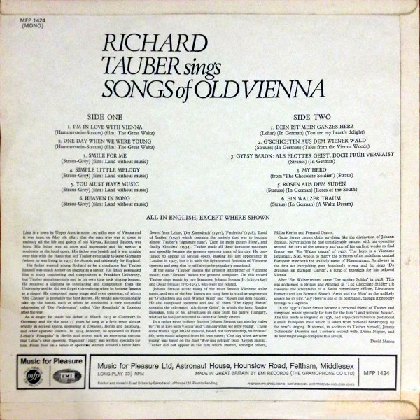 Richard Tauber - Songs Of Old Vienna (LP, Comp, Mono, RE) 8708