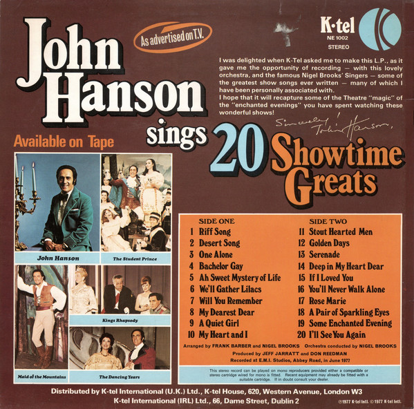 John Hanson (3) - John Hanson Sings 20 Showtime Greats (LP, Ltd) 8759