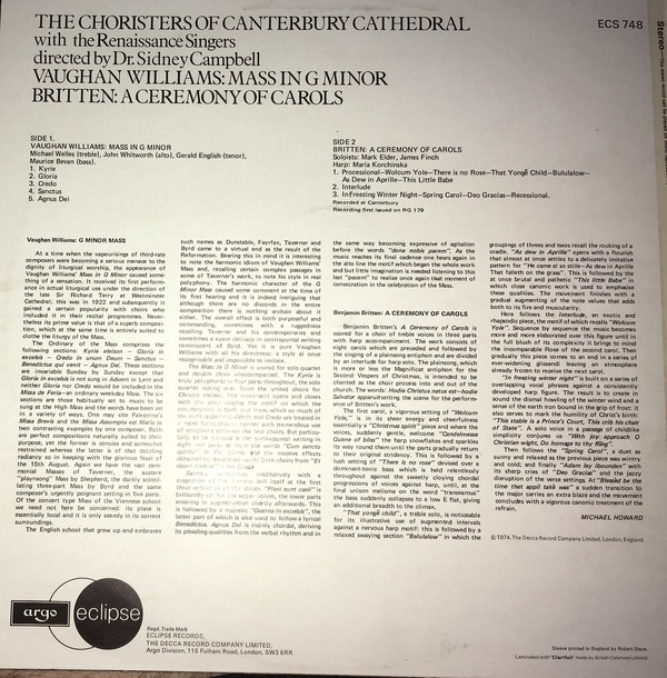 The Choristers Of Canterbury Cathedral Choir, The Renaissance Singers, Dr. Sidney Campbell, Ralph Vaughan Williams, Benjamin Britten - Vaughan Williams