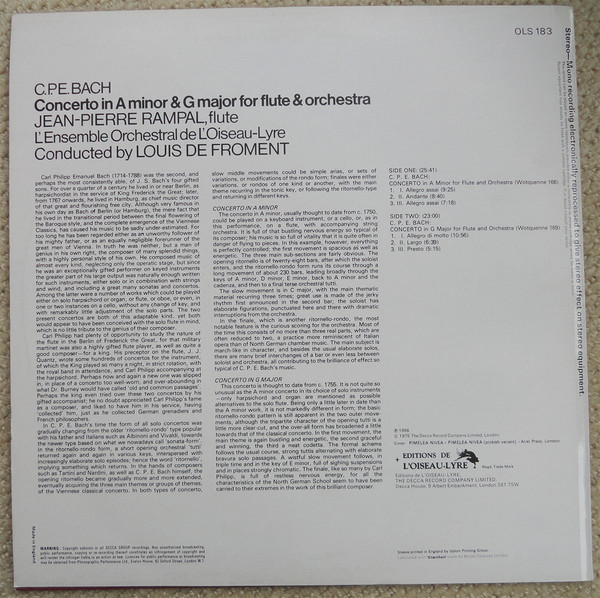 C.P.E. Bach*, Jean-Pierre Rampal, Louis De Froment - Flute Concertos (LP, Album, RE) 16455