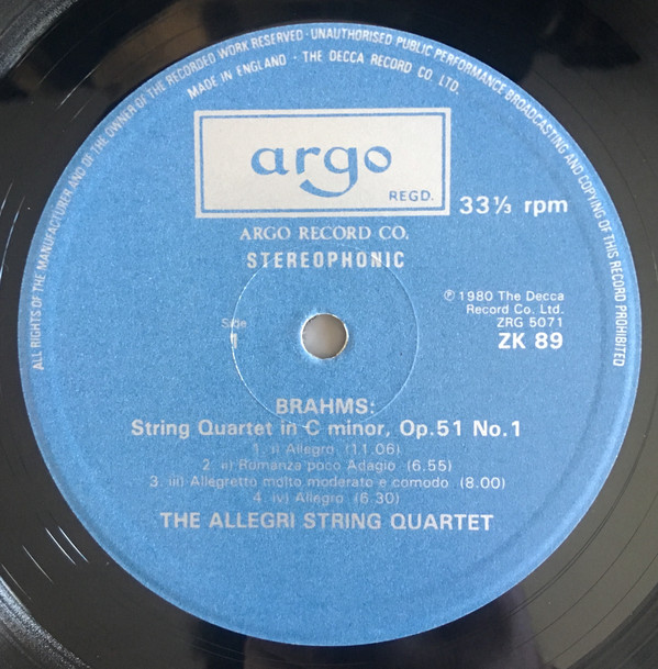 Brahms*, The Allegri String Quartet - String Quartets Op. 51 Nos. 1 and 2 (LP, Album) 17814
