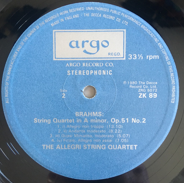Brahms*, The Allegri String Quartet - String Quartets Op. 51 Nos. 1 and 2 (LP, Album) 17815
