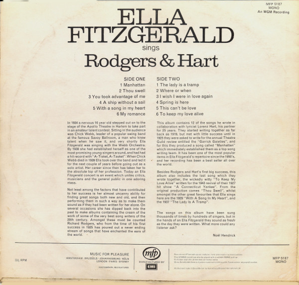 Ella Fitzgerald - Ella Fitzgerald Sings Rodgers and Hart (LP, Album, Mono, RE) 18497