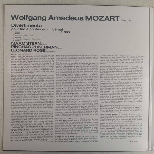 Mozart*, Isaac Stern, Pinchas Zukerman, Leonard Rose - Divertimento For String Trio In E-Flat, K. 563 (LP, Album, Gat) 17631