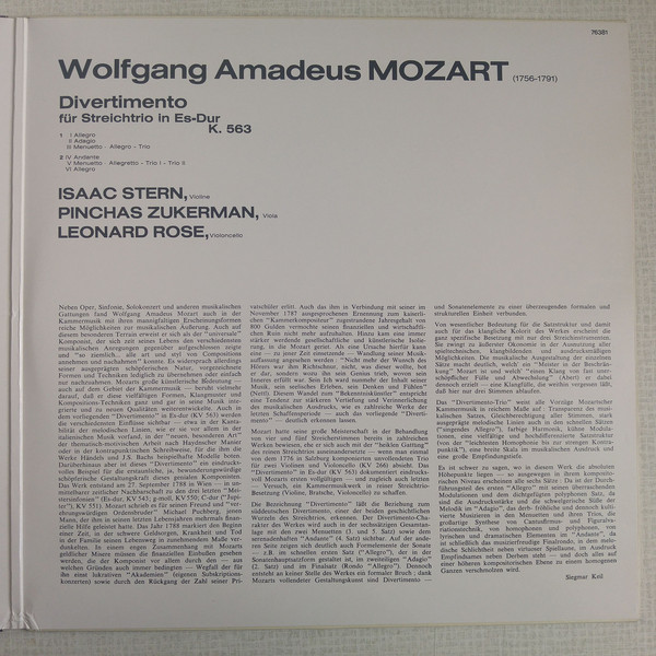 Mozart*, Isaac Stern, Pinchas Zukerman, Leonard Rose - Divertimento For String Trio In E-Flat, K. 563 (LP, Album, Gat) 17632
