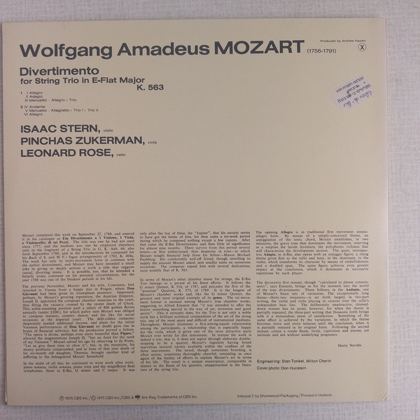 Mozart*, Isaac Stern, Pinchas Zukerman, Leonard Rose - Divertimento For String Trio In E-Flat, K. 563 (LP, Album, Gat) 17633
