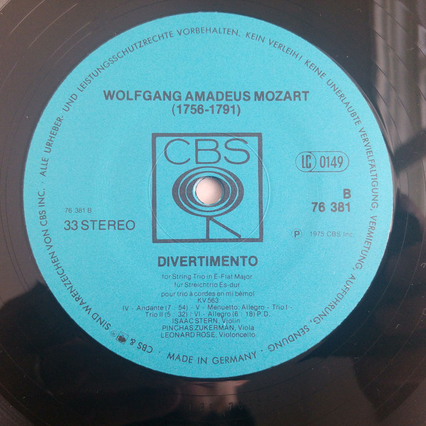 Mozart*, Isaac Stern, Pinchas Zukerman, Leonard Rose - Divertimento For String Trio In E-Flat, K. 563 (LP, Album, Gat) 17634
