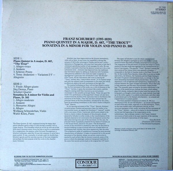 Schubert*, J√∂rg Demus ¬∑ Schubert Quartet*, Wolfgang Schneiderhan ¬∑ Walter Klien - The Trout Quintet / Sonatina For Violin And Piano No. 2 (LP, RE) 17743