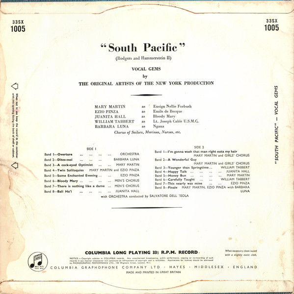 The Original Artists Of The New York Production* - Vocal Gems From South Pacific (LP, Mono, RE) 17992