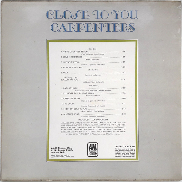 Carpenters - Close To You (LP, Album) 16295
