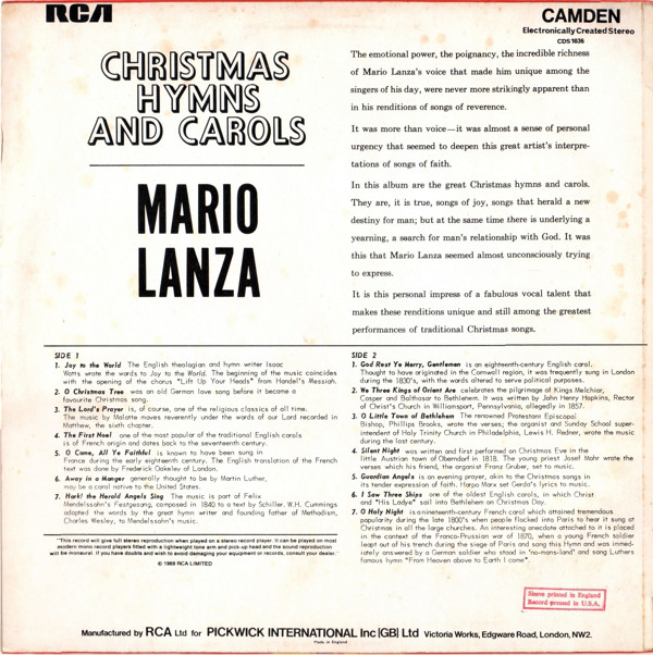 Mario Lanza - Christmas Hymns and Carols (LP, Comp) 17926