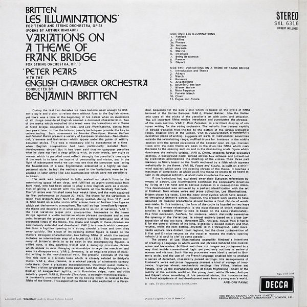 Britten*, Pears*, English Chamber Orchestra - Les Illuminations / Variations On A Theme Of Frank Bridge (LP, RP) 16289