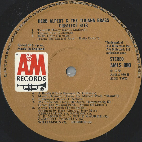 Herb Alpert and The Tijuana Brass - Greatest Hits (Sixteen Great Titles) (LP, Comp, Gat) 17970
