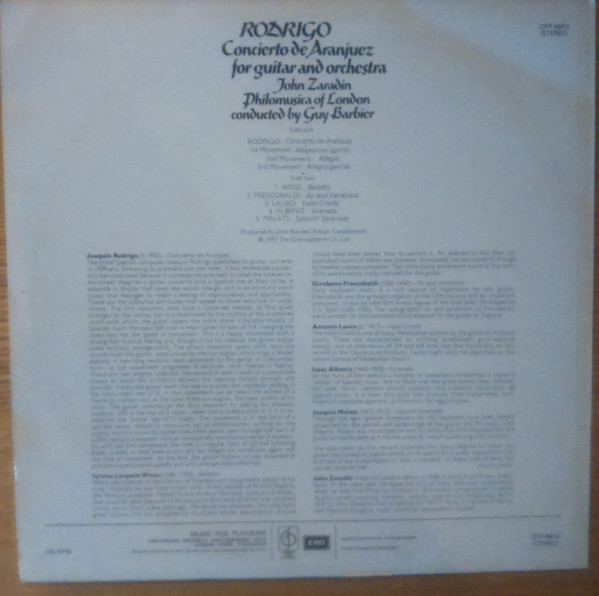 Rodrigo* ; John Zaradin, Philomusica Of London, Guy Barbier - Concierto De Aranjuez For Guitar And Orchestra (LP) 16530
