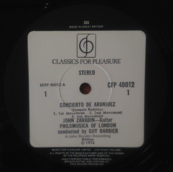 Rodrigo* ; John Zaradin, Philomusica Of London, Guy Barbier - Concierto De Aranjuez For Guitar And Orchestra (LP) 16531