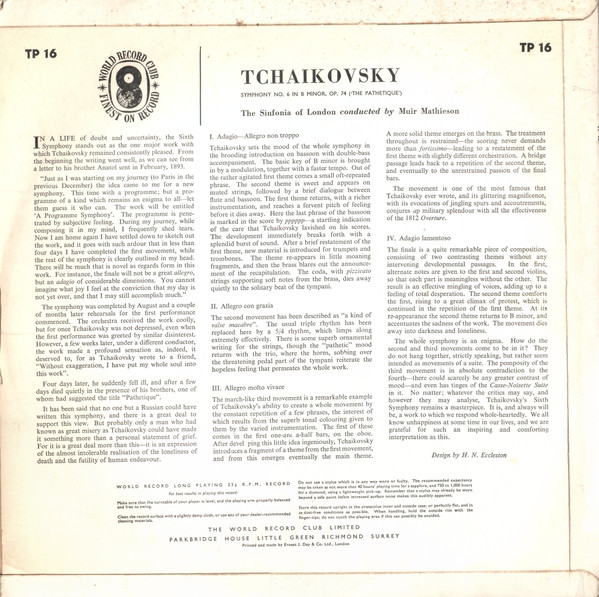 Tchaikovsky* - Sinfonia Of London* ‚Äö√Ñ¬¢ Muir Mathieson - Symphony No.6 In B Minor, Opus 74 'The Pathetique' (LP, RE) 16428