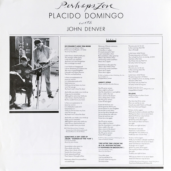 Placido Domingo With John Denver - Perhaps Love (LP, Album) 18917