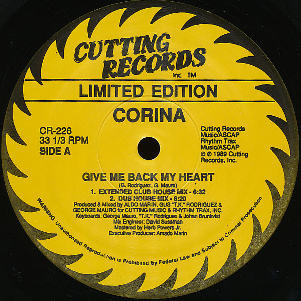 Corina - Give Me Back My Heart (Limited Edition House Mixes) (12", Ltd) 19928