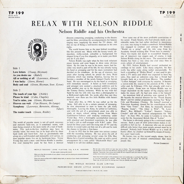 Nelson Riddle And His Orchestra - Relax With Nelson Riddle (LP, Album, Club) 18719