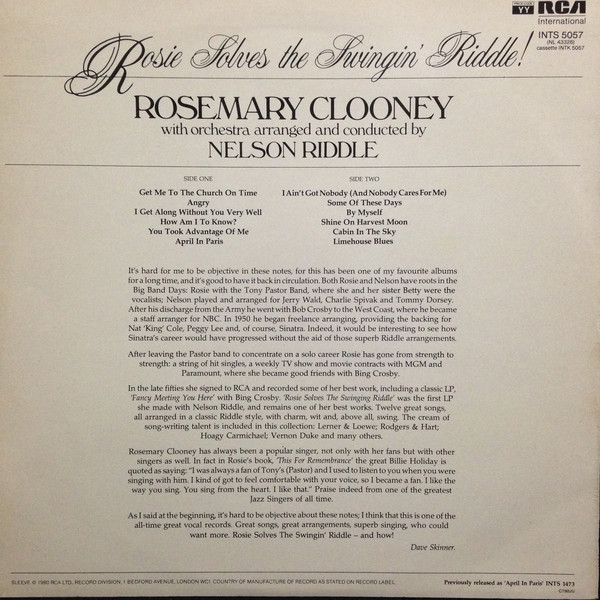 Rosemary Clooney Arranged and Conducted By Nelson Riddle - Rosie Solves The Swingin' Riddle